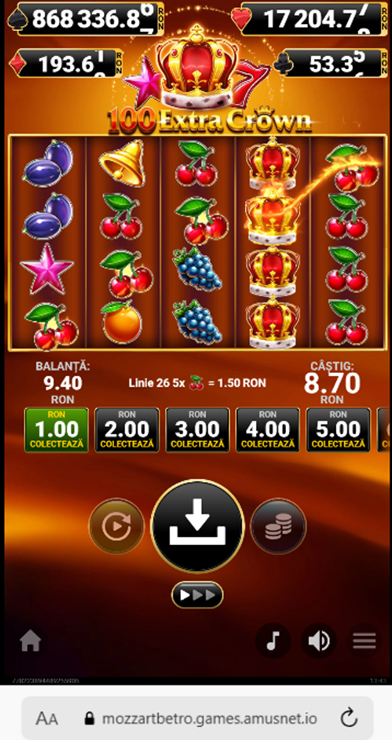 Sesiune de joc la păcănele cu jackpot de la Mozzartbet casino. 