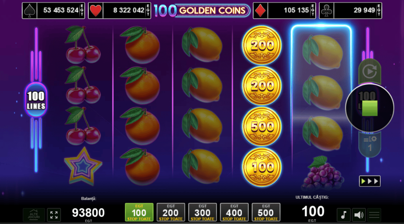 100 Golden Coins demo & detalii – RTP, volatilitate și funcții logo