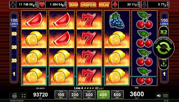 Joc cu șeptari roșii de la EGT, 100 Super Hot. Pe ecran apar pepeni și lămâi însoțite de struguri și cireșe. Rola 3 este acoperită de șeptari care joacă rol de wild și formează câștiguri mari.