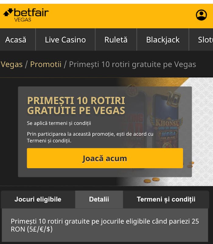 Bonus 10 rotiri gratuite la Betfair casino.