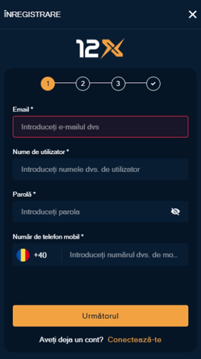Pagina de înregistrare de la cazinoul 12xBet.