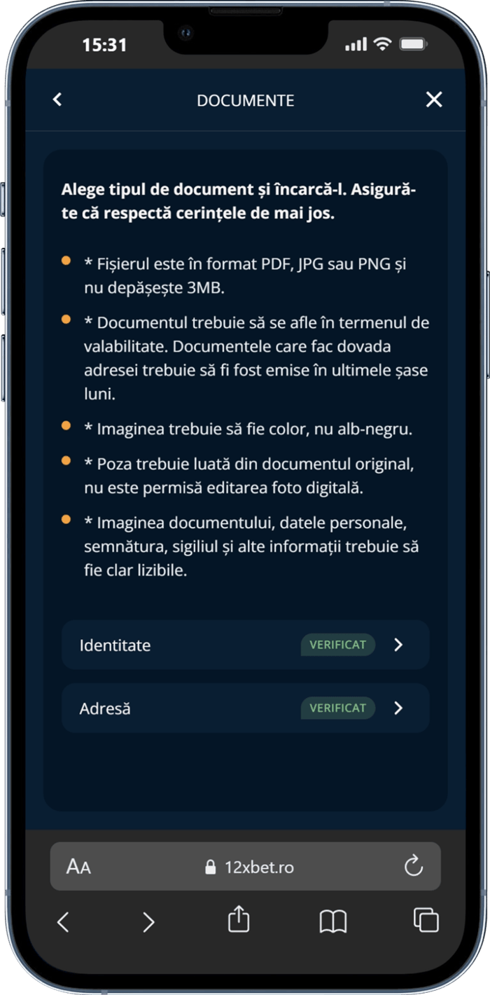 Dovadă verificare documente pe 12xBet casino în România.