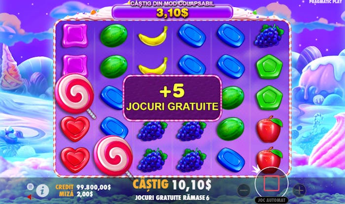 Câștigă rotiri gratuite cu functia retrigger la Sweet Bonanza demo.