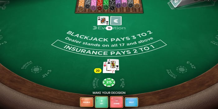 Mână de 20 la First Person Blackjack de la Evolution.