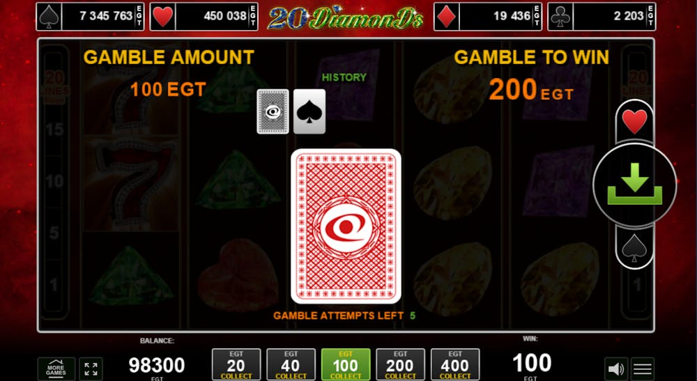 Imagine care prezintă funcția Gamble a slotului 20 Diamonds demo