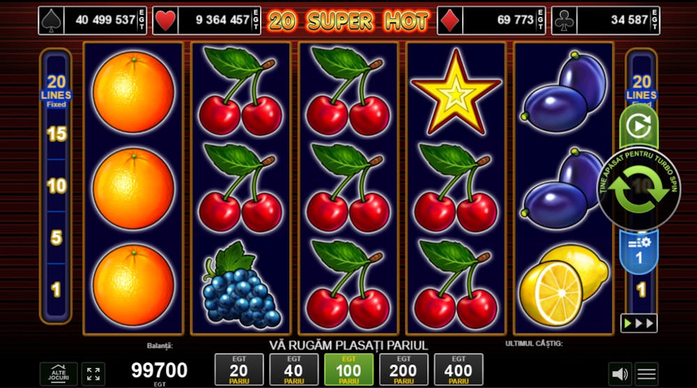 Joc EGT Interactive cu fructe, 20 Super Hot. Este prezentat ecranul de joc în care sunt expuse simbolurile cu fructe și cel Scatter, steluța. 