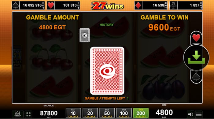 Funcția Gamble activă a slotului 27 Wins unde trebuie să alegi culoarea cărții care este cu fața în jos (neagru sau roșu).
