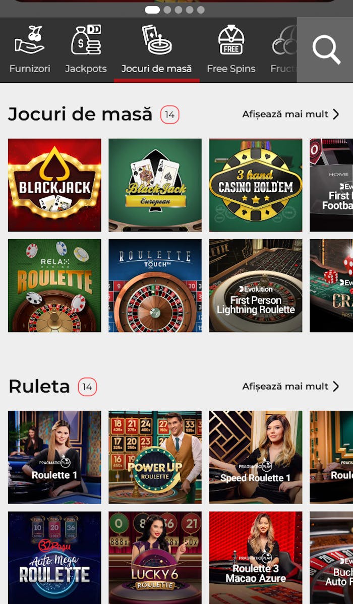 Interfața jocurilor de masă la Casino 32 Rosu, arătând rulete și blackjack