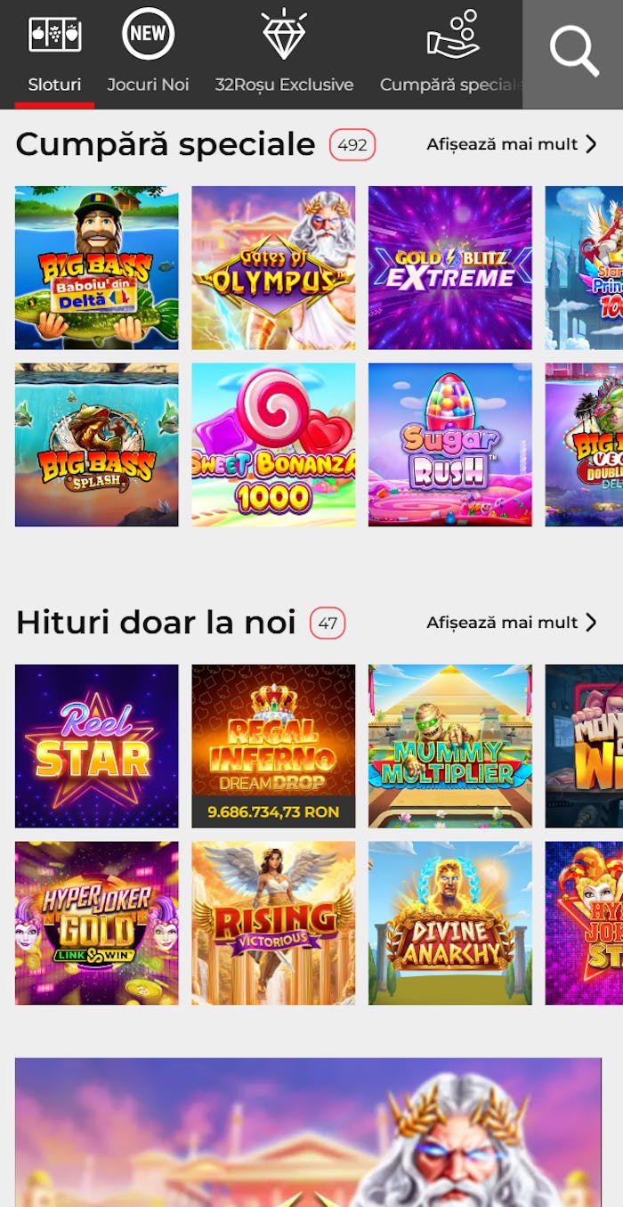 Interfața 32 Rosu Casino cu selecție de pacanele