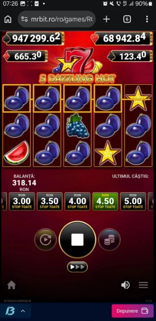 Captură din timpul jocului 5 Dazzling Hot la Mr Bit Casino, afișând un câștig de 123,40 RON pe o miză de 4,50 RON.