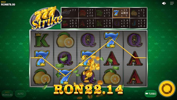 Exemplu de plată încasată la un joc clasic 7777 pe miză de 5 RON. În imagine au fost prinși 4 șeptari albaștri iar plata totală a fost de maxim 100 RON. Jocul este 777 Strike.