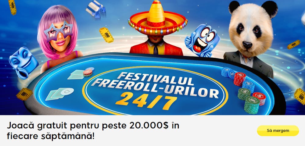 Exemplu de bonus freeroll cu intrări gratuite pentru un eveniment cu plăți de 20000 de dolari săptămânal.