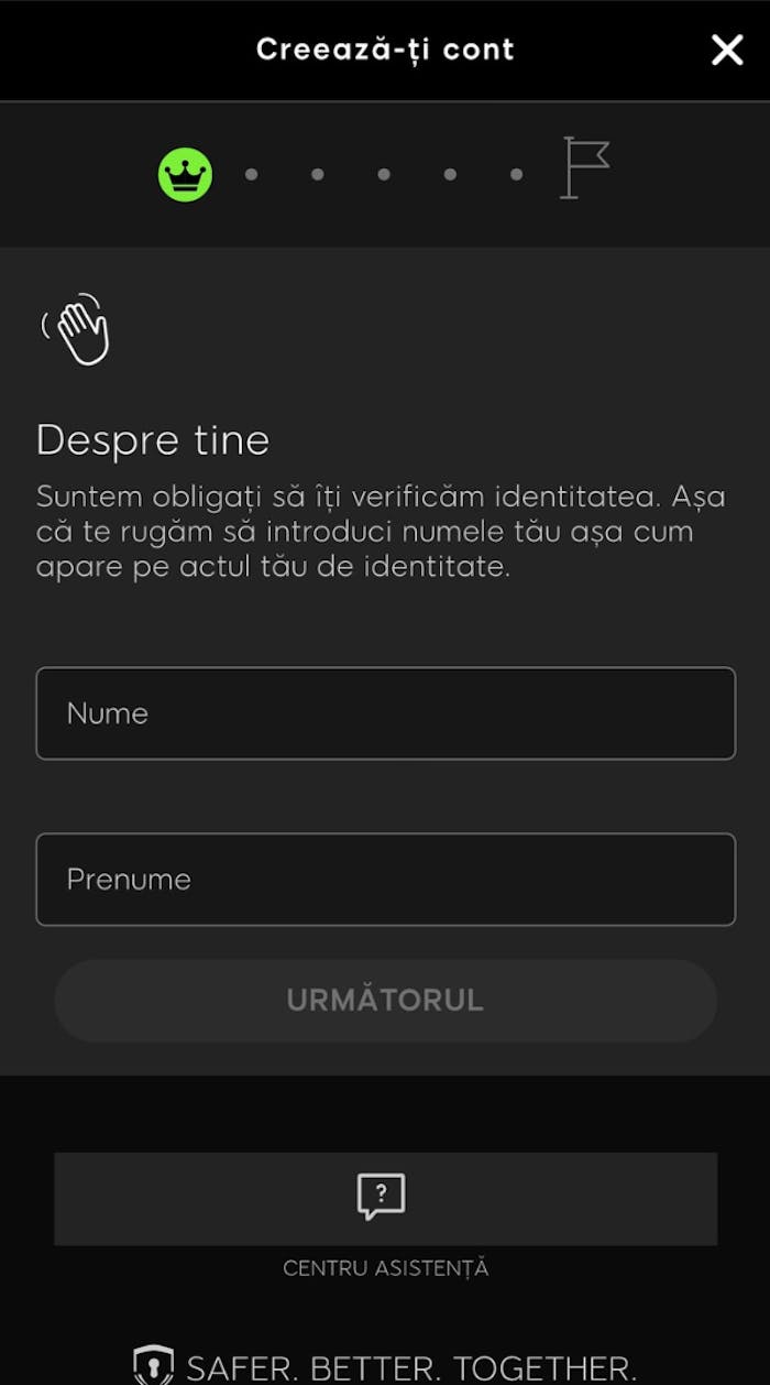 Pagina de înregistrare la 888 Casino în care trebuie să scrii informațiile tale de la nume la adresă și CNP.
