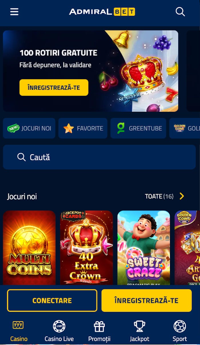 Interfața Admiral Bet cu highlight pe bonusul de bun venit