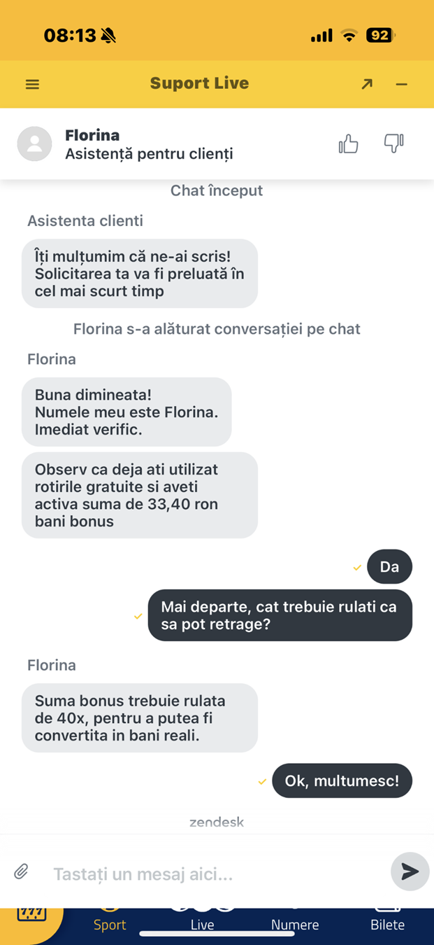Mesagerie live de la Amiralbet Casino Romania.