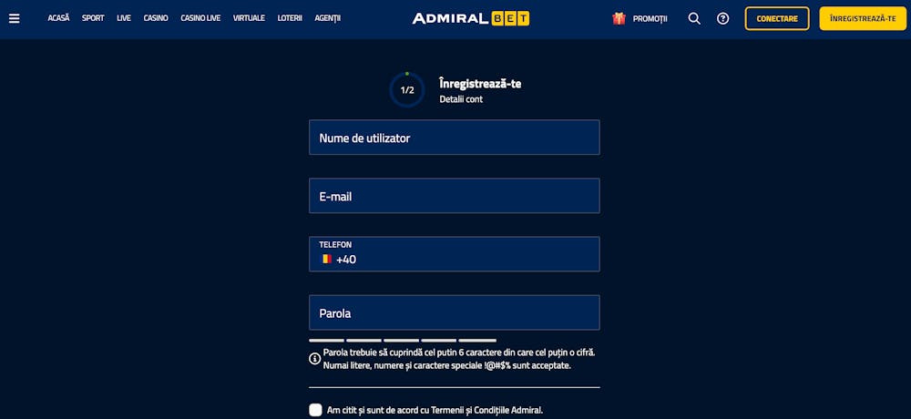 Completează datele personale în pagina de înregistrare la AdmiralBet.