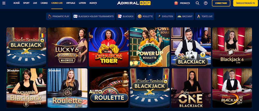Poți juca Blackjack, Ruletă și Dragon Tiger live pe AdiralBet Casino.
