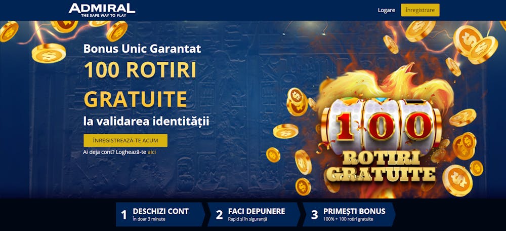 Oferta bonus fara depunere la Admiral Casino conține 100 rotiri gratuite.