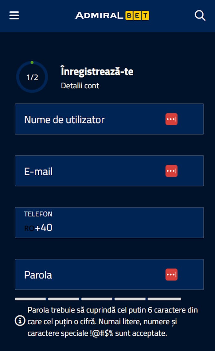 Deschide cont Admiral Bet casino cu nume de utilizator, email, mobil și parolă.