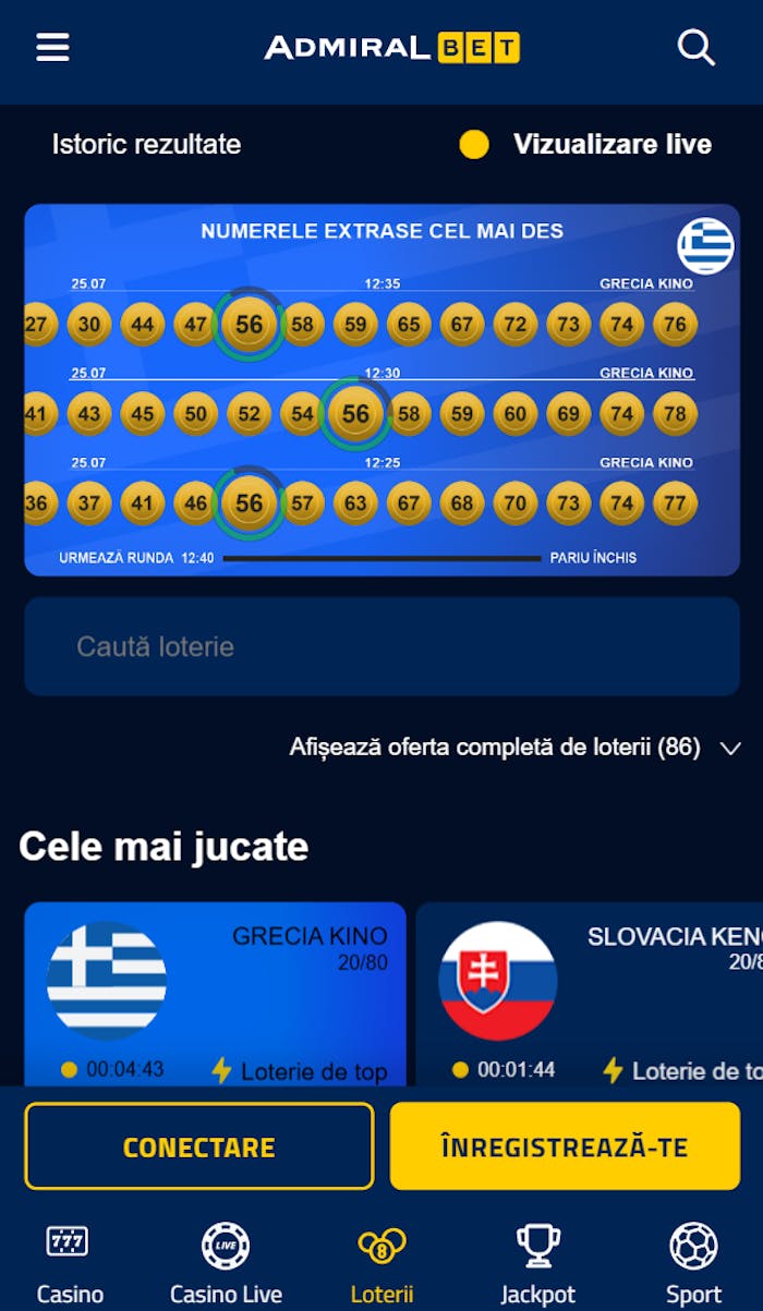 Exemplu cu extrageri la loto pe Admiralbet Romania.