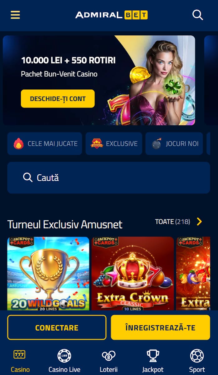 Prima pagină Admiral Bet cu toate categoriile de jocuri de la cele mai jucate la cele exclusive.