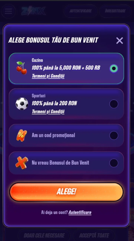Formular de înregistrare Zinx Casino cu selectarea bonusului de bun venit pentru cazino.