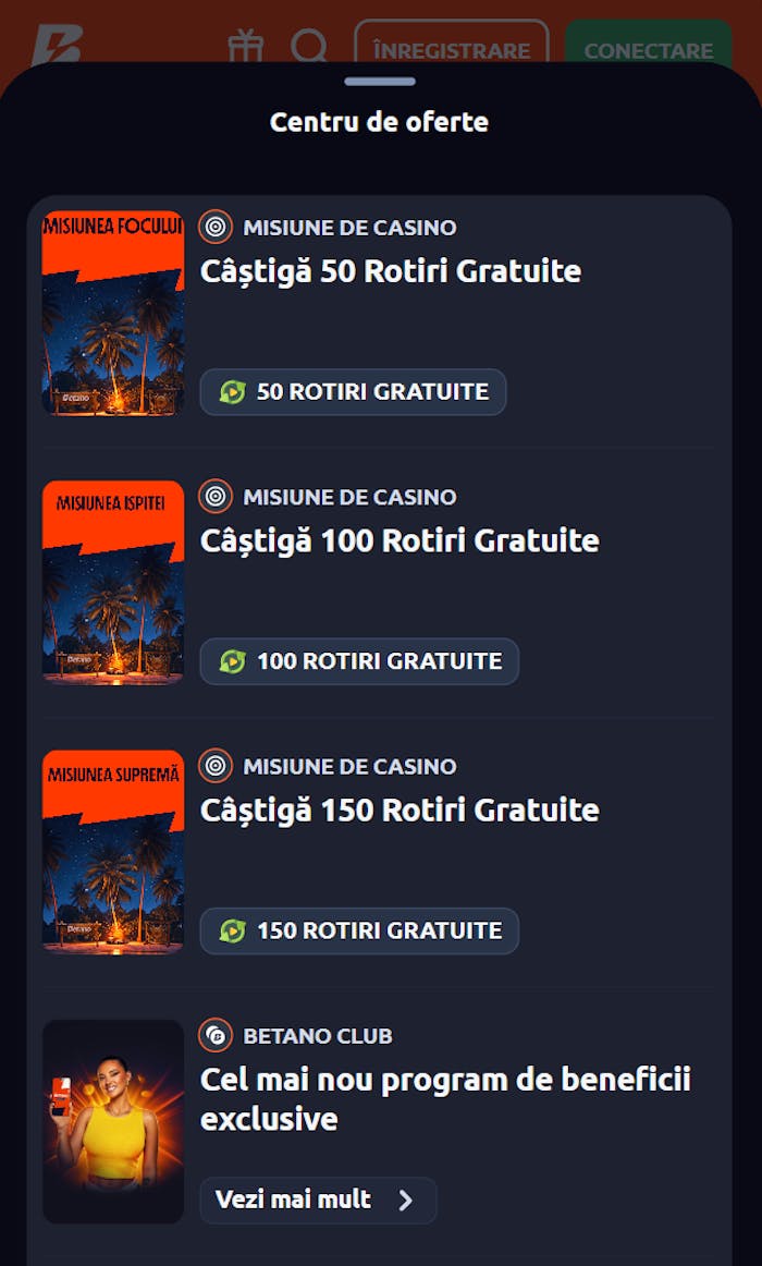 Promoții care nu au nevoie de introducere cod Betano din centrul de oferte.