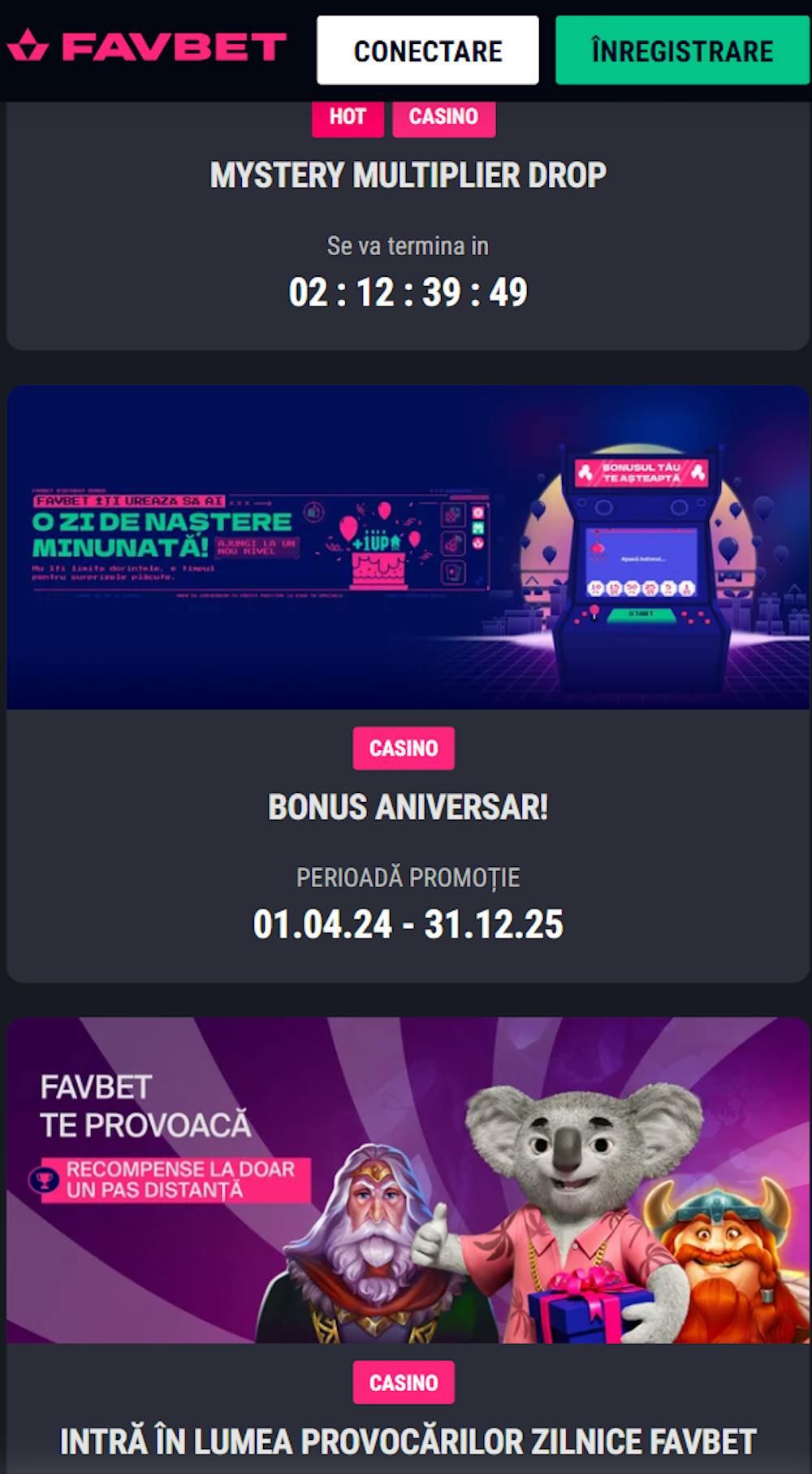 Alte două promoții Favbet casino fără coduri promo pe care le poți accesa după înregistrare.