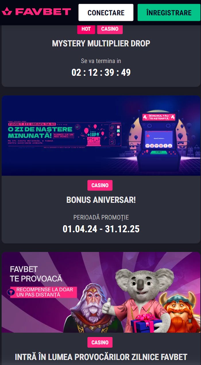 Alte două promoții Favbet casino fără coduri promo pe care le poți accesa după înregistrare.