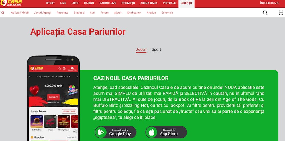 O prezentare scurtă, alături de linkurile de download pentru aplicatie Casa Pariurilor casino