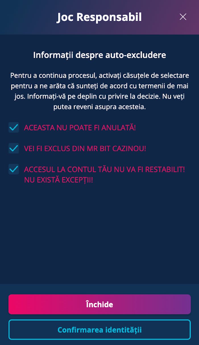 Aprobă fiecare căsuță înainte de avansa la confirmarea identității. 