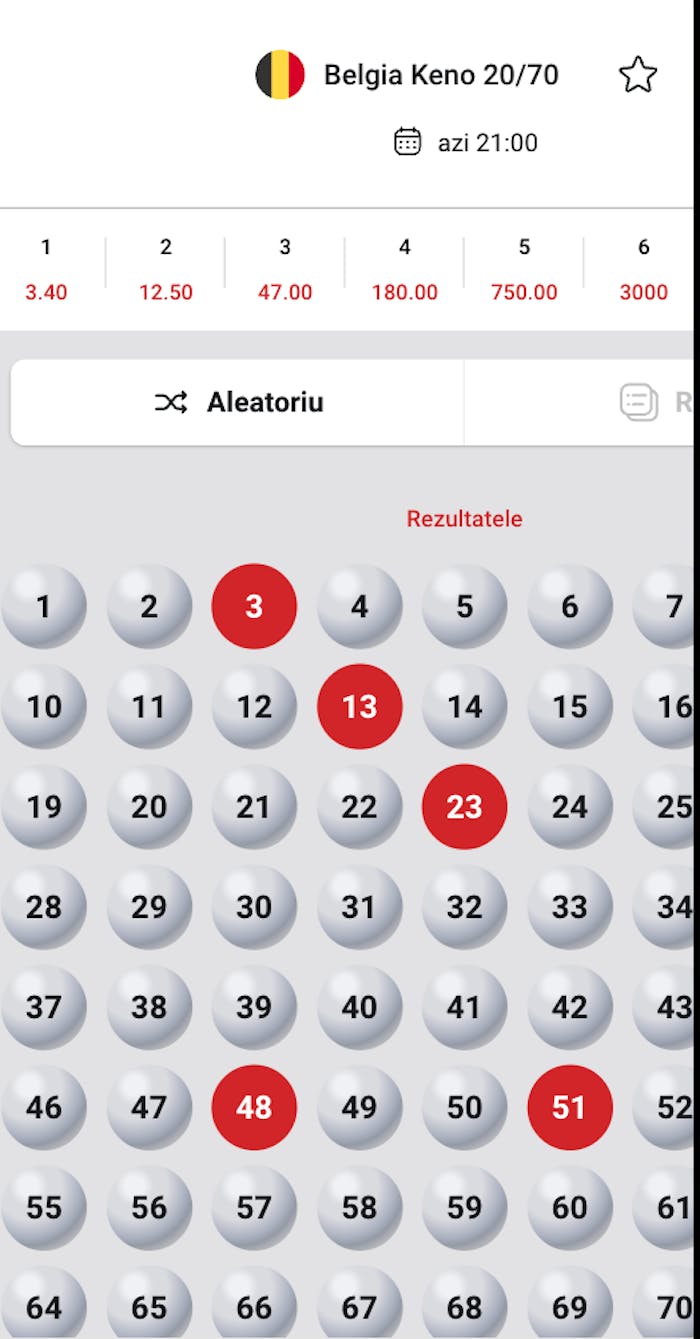 Interfață Belgia Keno 20/70 cu numere alese aleatoriu.