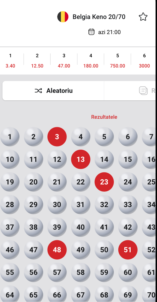 Interfață Belgia Keno 20/70 cu numere alese aleatoriu.
