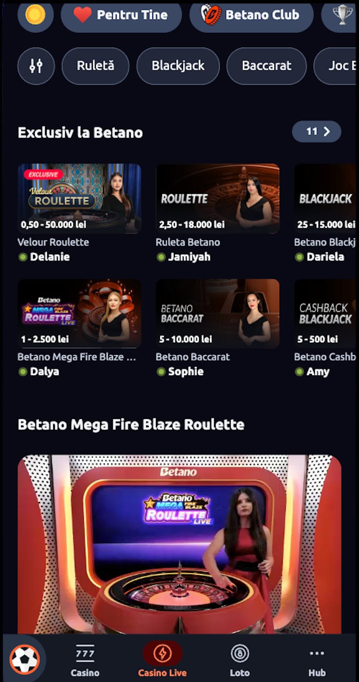 Pagina cazinoului live Betano. 