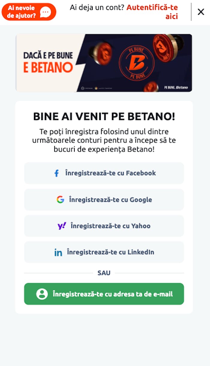 Pagina de înregistrare Betano.