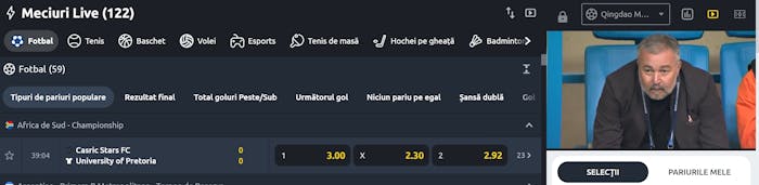 poza realizată pe pagina de pariuri Betano unde am selectat pariurile live și am ales un eveniment sportiv transmis in direct. pentru live streaming a fost solicitata logarea in cont. meciul este transmis live si tot live poti pune pariuri dinamice si rapide