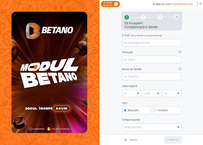 Pagina de înregistrare Betano.