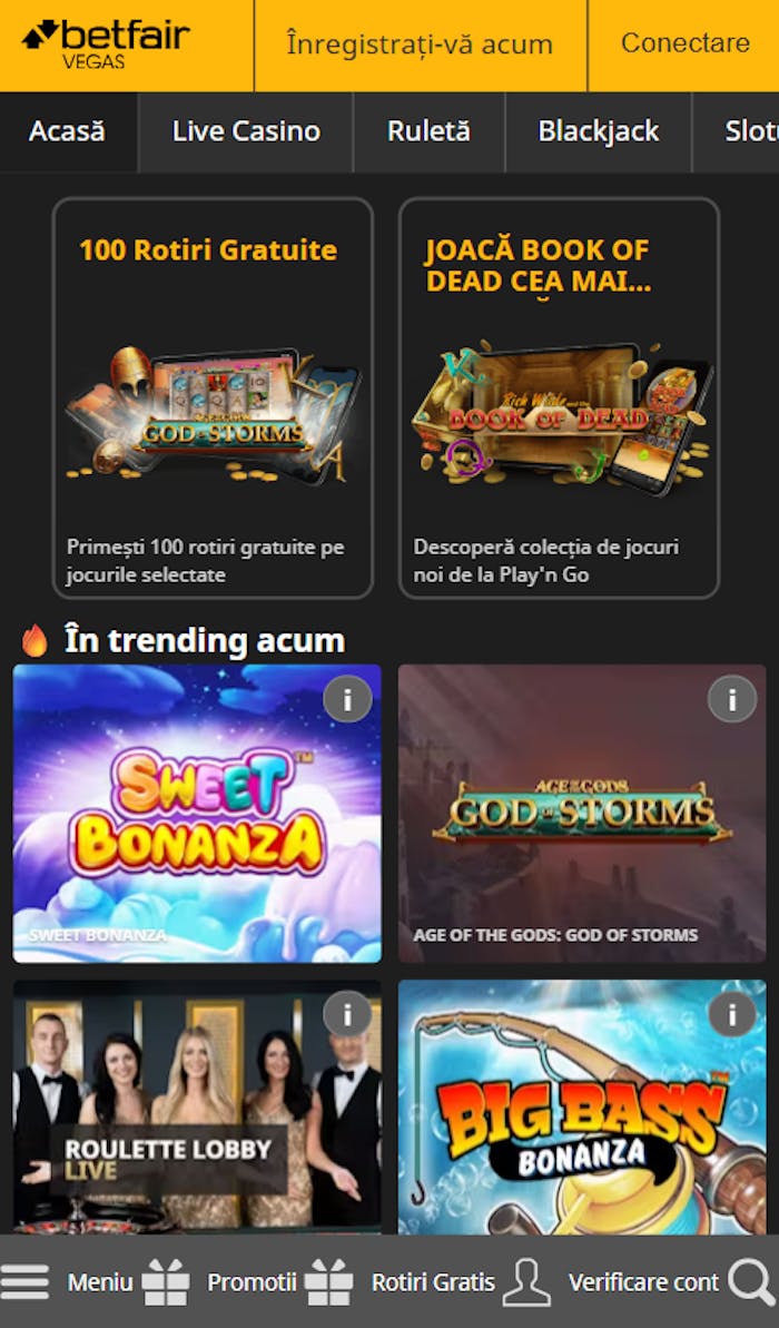 Pagina din față Betfair casino cu primele oferte de bun venit, jocuri mixte și meniurile de navigare din jocul ecranului.