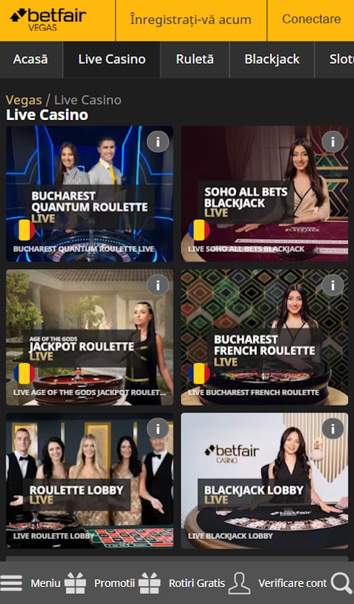 Secțiunea cu jocuri live cu pareri bune pe Betfair online casino.