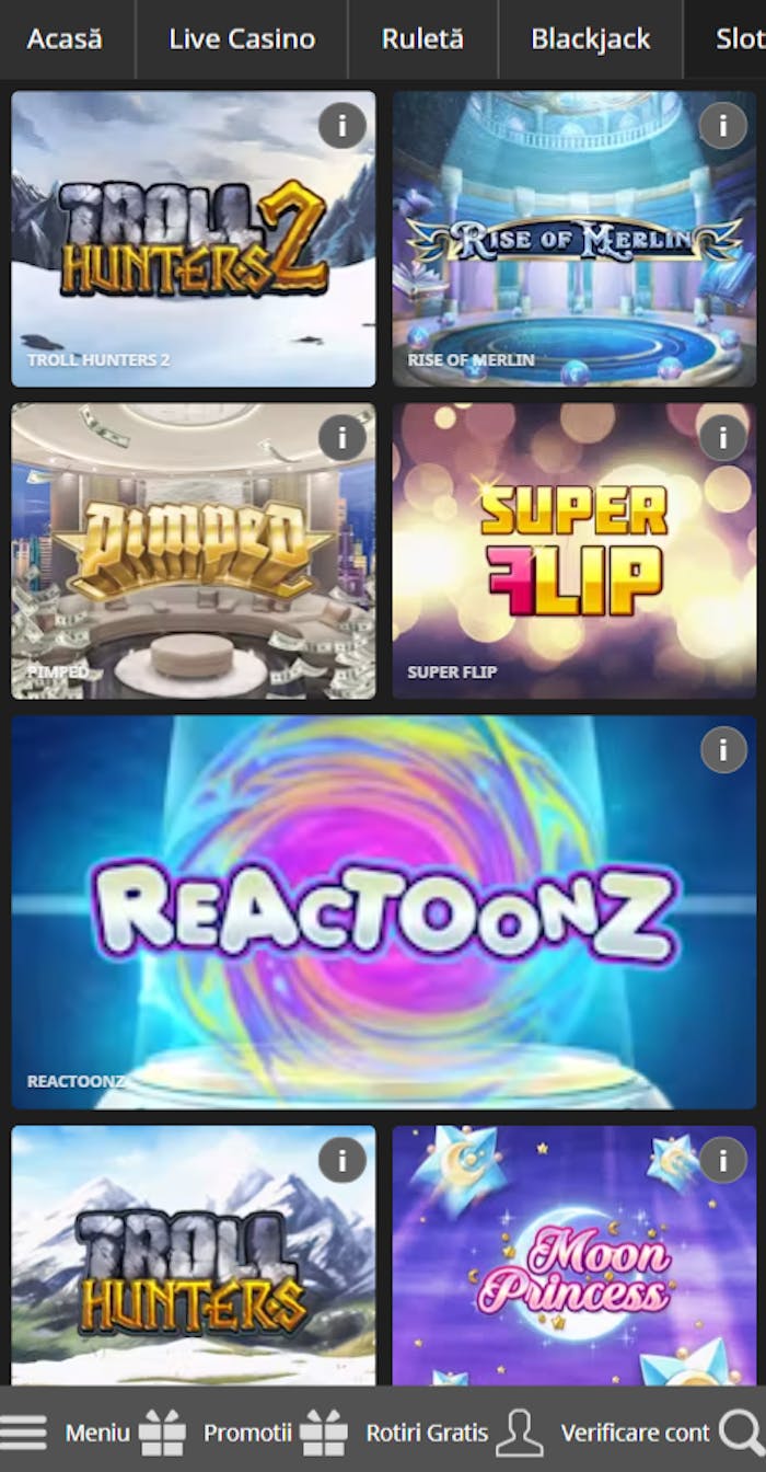 Selecția de jocuri de pacanele de la Betfair RO cu Moon Princess sau Reactoonz.