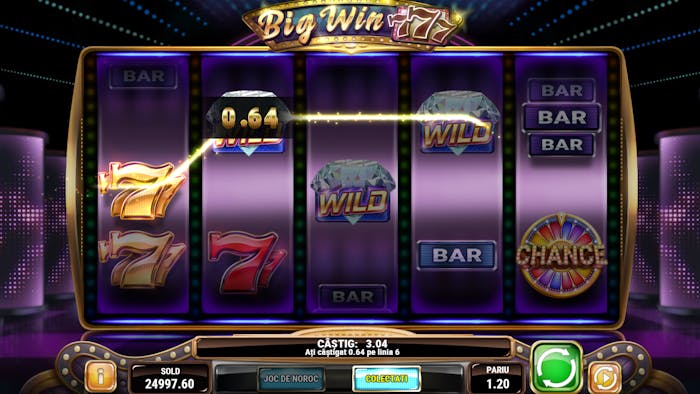 Joc modern cu simboluri 7777 pe mai multe culori, roșu și auriu precum și simboluri moderne cu diamante care joacă rol de Wild în slotul exemplu Big Win 777. Se regăsesc și simboluri clasice reinterpretate într-o manieră nouă. Este vorba de roata norocului, Chance care declanșează funcții speciale și simboluri BAR.