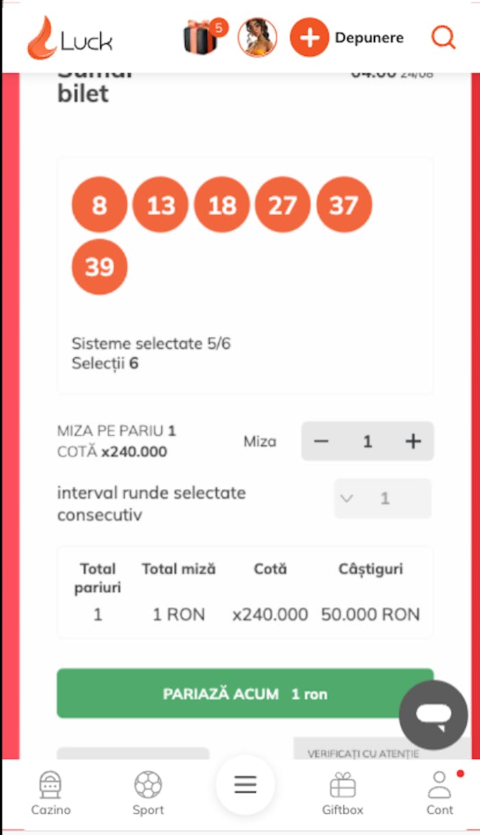 Simulare bilet la loto Canada 6/49.
