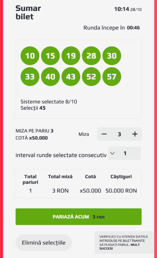 Confirmă biletul loto prin butonul „Pariază acum”.
