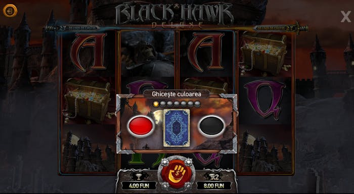 Funcția Gamble a slotului Black Hawk Deluxe în care alegi culoarea cărții de joc (roșu sau negru)