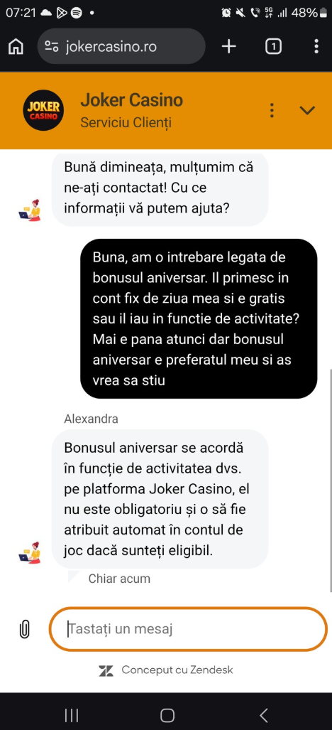Răspuns suport Joker casino despre bonusul de ziua ta.