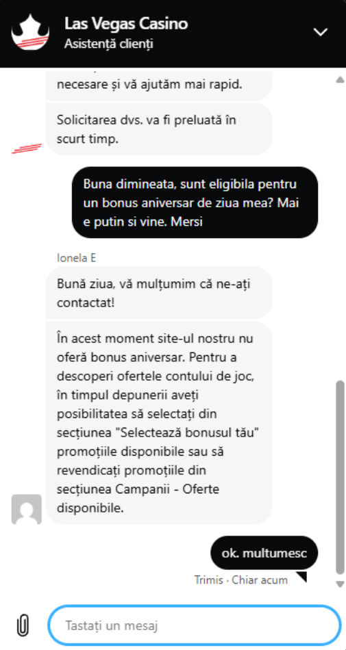 Conversația pe care am avut-o cu suportul Las Vegas pentru bonusul aniversar.