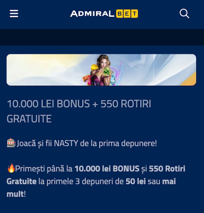 Poți primi până la 10.000 RON și 450 rotiri gratuite la bonus de bun venit Admiral Casino.