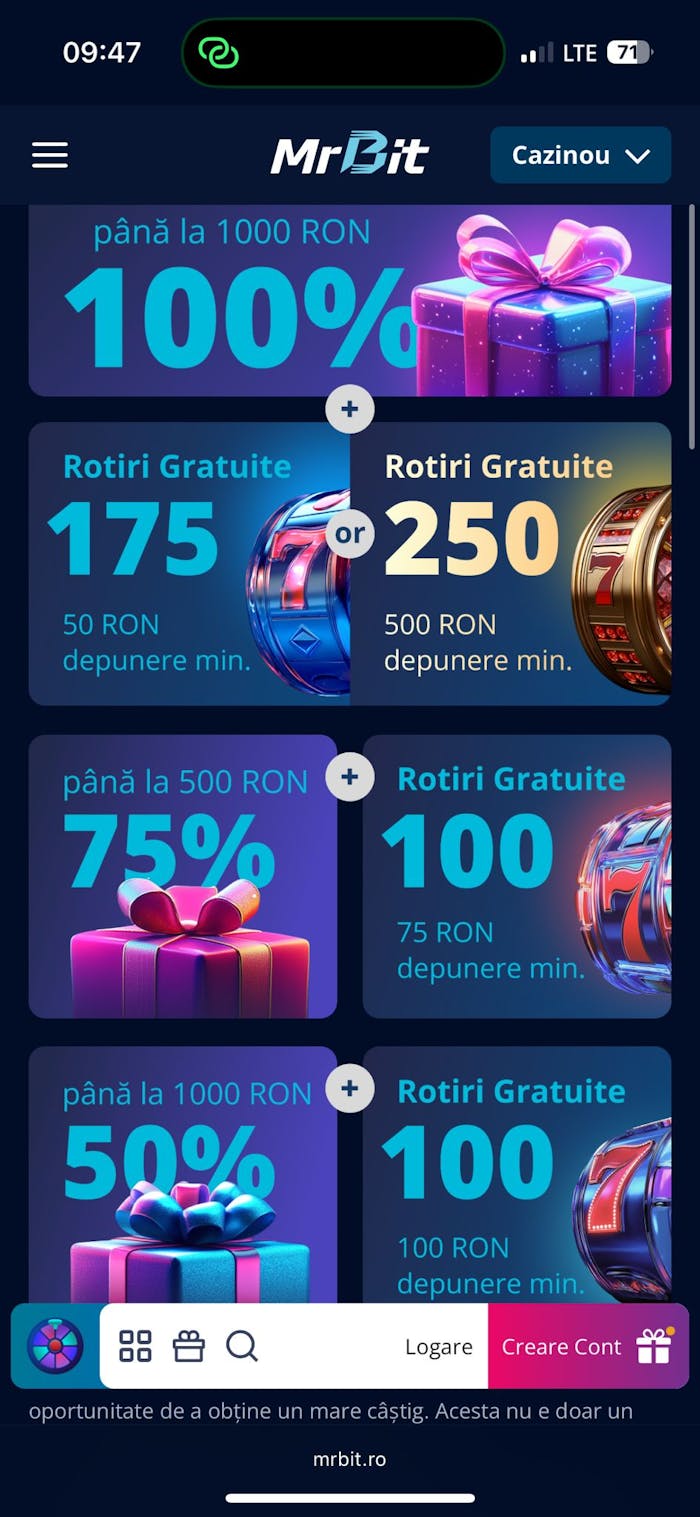Primul bonus fără cod promotional Mr Bit la primele 3 depuneri pe care le faci. 