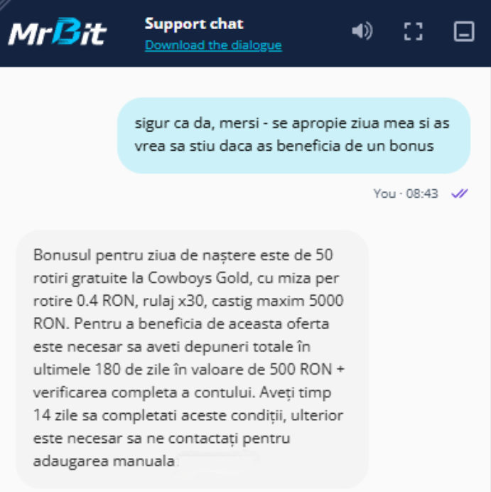 Suportul Mr Bit îmi explică cum pot să iau un bonus aniversar casino.