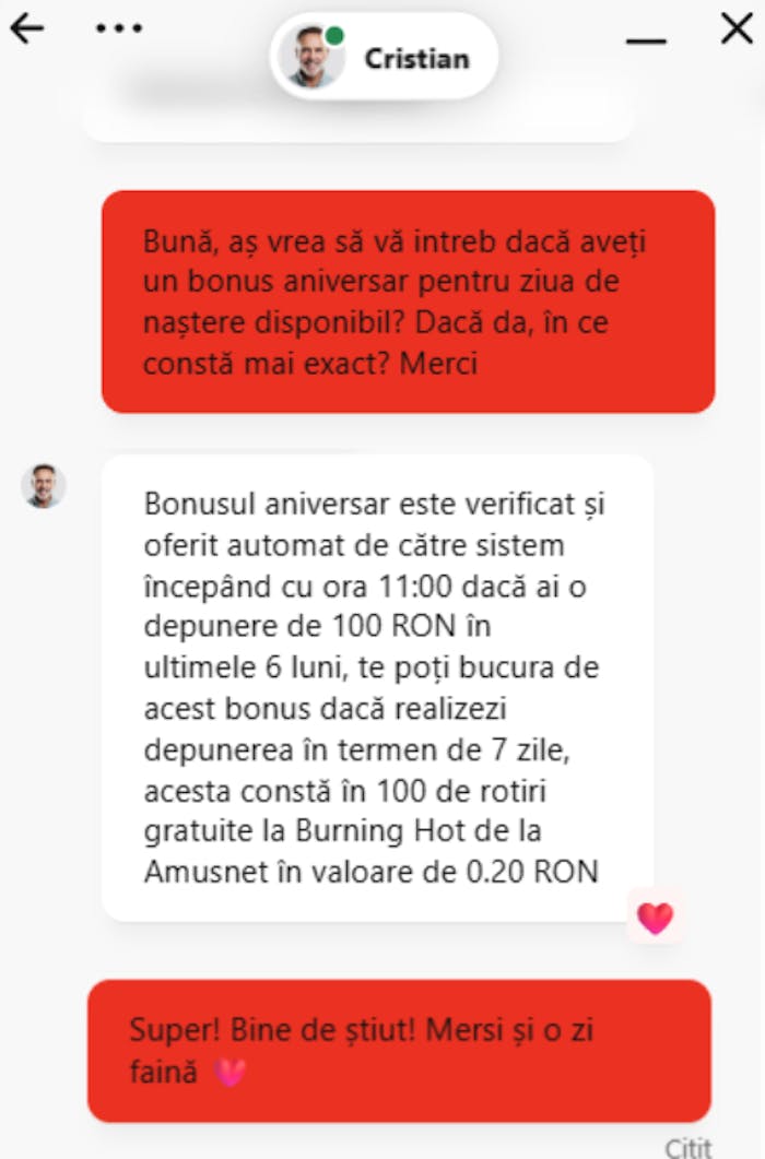 Ce mi-a spus suportul despre oferta Winbet bonus de ziua ta actuală.